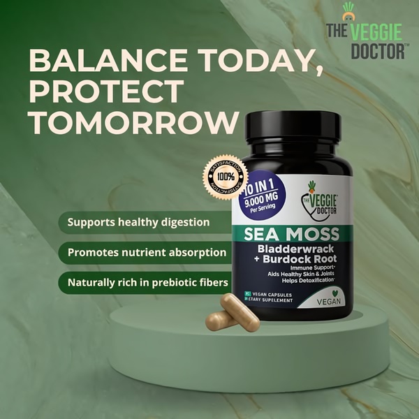 A clean, studio-style 1:1 image featuring a Sea Moss supplement bottle, clearly highlighting its 10-in-1 benefits and health claims.